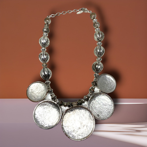 Vintage St. Thomas Silver Tone Multi Disc Textured Circle Statement Necklace - Picture 7 of 9